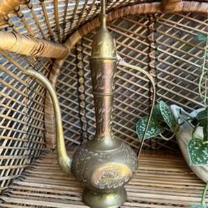 Brass Tea Pot Oil Genie Lamp Hand Etched Ornate Design 10.75"Tall